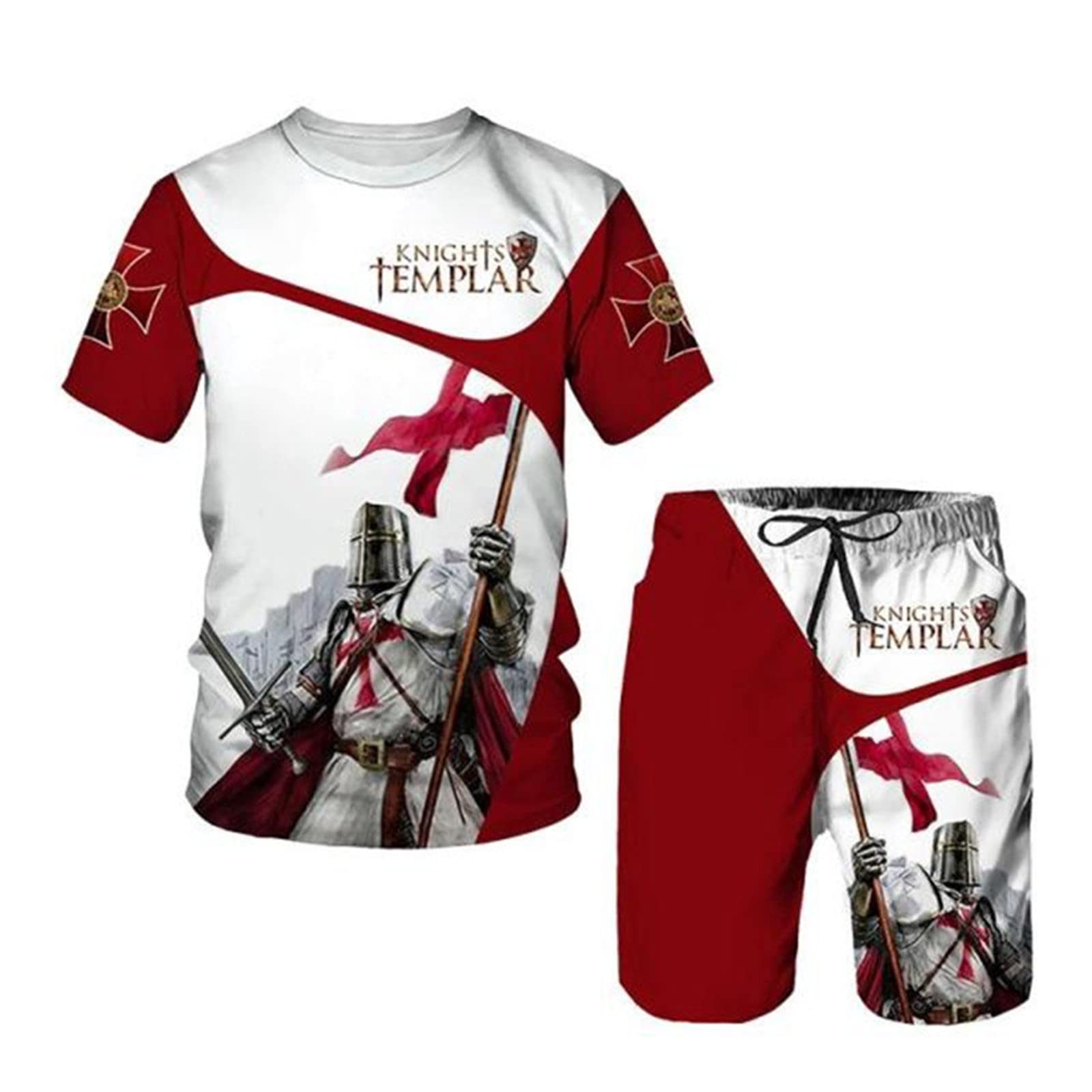 Men's T-Shirt and Shorts Set 3D Knights Templar Printed Short Sleeve Summer Tops and Pants Set Sport Suit Casual Punk Rock Tracksuit