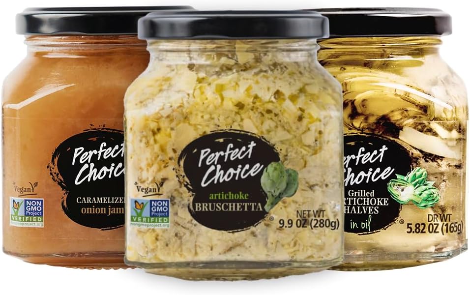 Perfect Choice Delicious Grilled Artichoke Halves, Artichoke Bruschetta, Caramelized Onion Mix (Pack of 3) - Ready-to-eat - Delicious for Salads, Burgers & more