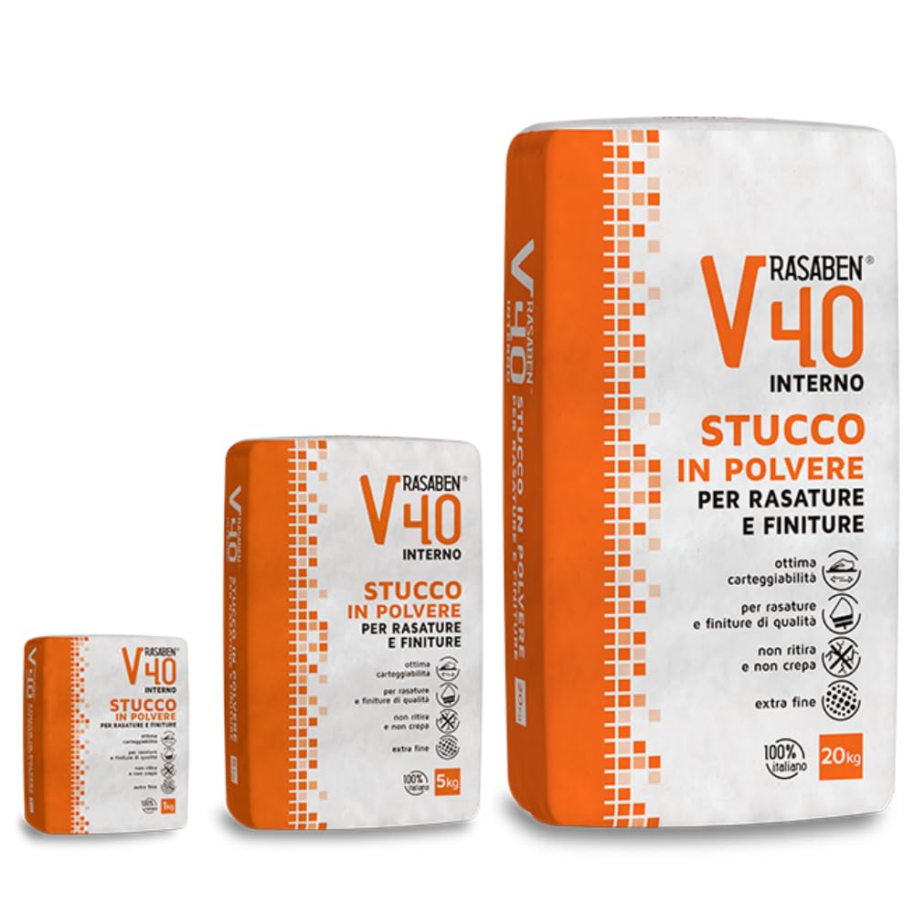 RASABEN - Stucco in Polvere V40 Extra Fine a Base di Gesso per Rasature e Finiture, Ottima Carteggiabilità, Non Ritira o Crepa, per Muri Interni e Cartongesso, Made in Italy, Sacco da 20kg