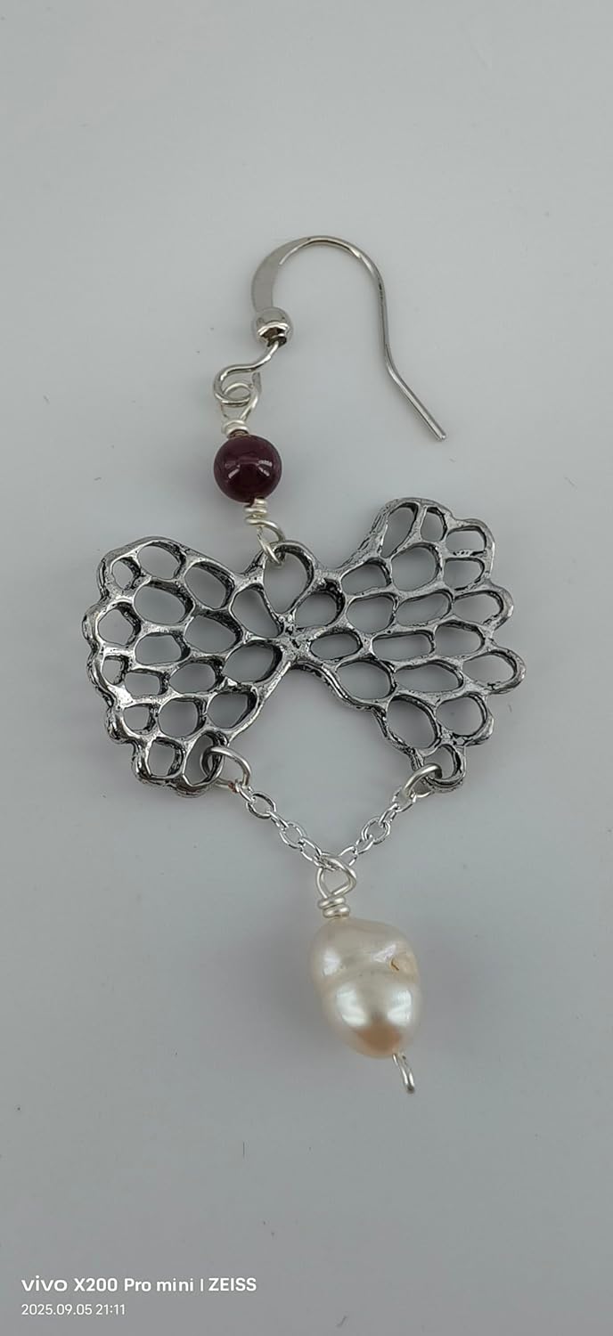 Handmade Silver Filigree Bow Dangle Earrings, Pearl Drop, Burgundy Bead Accent, Sweet Style - Image 4