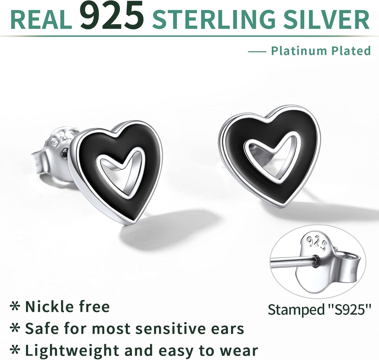 ChicSilver Simple Small Black Stud Earrings 925 Sterling Silver Earrings Hypoallergenic Black Earrings for Women Sensitive Ears - Image 5