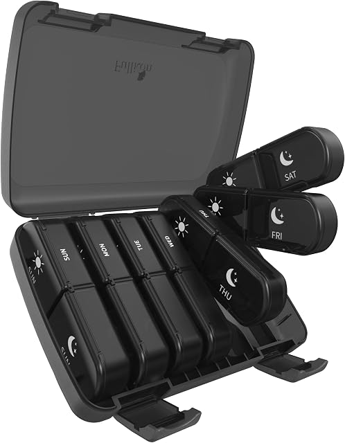 Fullicon Organisateur hebdomadaire de pilules 7 Jour 2 Temps par jour – AM PM Grande boîte à vitamines, Pilulier 2 Fois Par Jour, Conteneur de médecine de voyage pour suppléments, Organisateur quotidien de dosettes (Noir)
