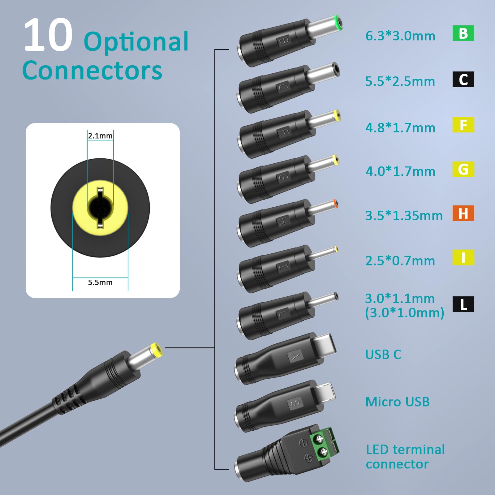 48W Adaptateur Secteur Universel AC DC 5V 6V 9V 12V 15V 19V 20V 24V 2A 3A 4A Chargeur Multi-Tensions avec 10 Fiches CC pour l'électronique Domestique, Contient USB-C