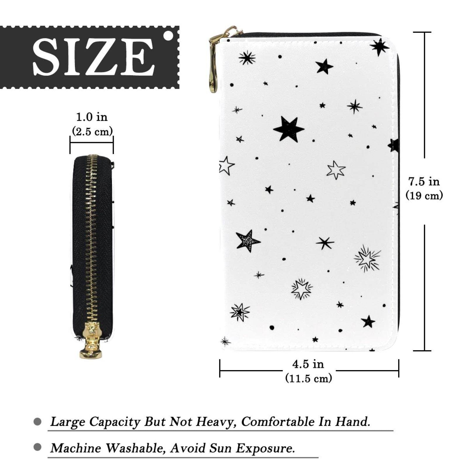 Cartera de piel con cremallera y fondo blanco con estrellas negras, Varios colores, 20.5x2.5x11.5cm/8.07x1x4.53 in, Classic