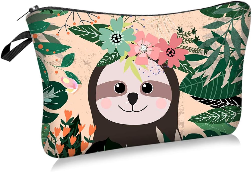 Sloth And Flowers Cosmetic Bag Makeup Bags,Small Makeup Pouch Travel Toiletry Organizer With Zipper For Women Girls