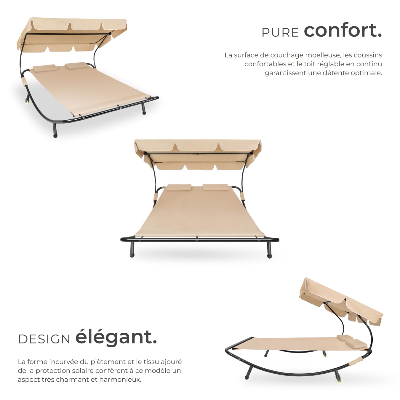 tectake® Bain de Soleil Jardin Exterieur Inclinable 2 Places avec Pare-Soleil Cadre en Acier 2 Coussins Inclus Chaise Longue Transat de Plage Relax Jardin Sun Lounger -Noir/Beige