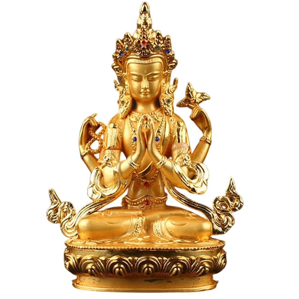 Vjsujehgy Alloy Metal Gold Plated Tibetan Figure Supplier Avalokitesvara Bodhisattva Four-Arms Guanyin Buddha Statue for Buddhist Supplies