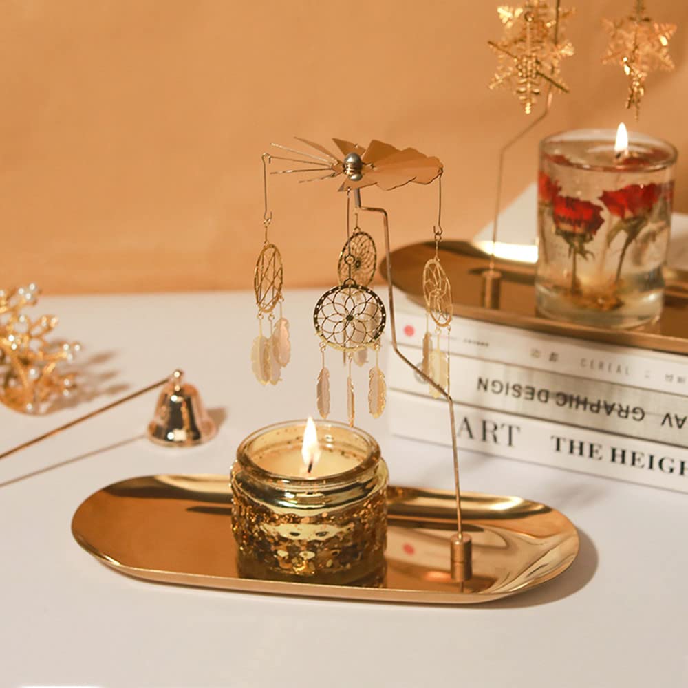 Portavelas giratorio con bandeja, portavelas de metal dorado para Navidad, día de San Valentín, decoración de fiesta y regalo (atrapasueños) 7