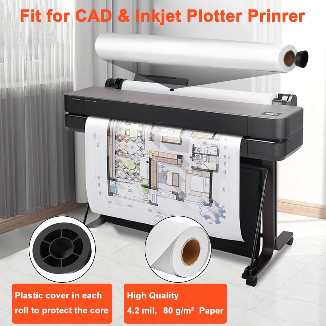 Plotter Paper 36" x 150', 2" Core 4.2 mil - 80 g/m² 20lb Bond Tracing Paper Roll for Wide Format Ink Jet Printers | Architectural Blueprints, Engineering Drawings, CAD, Custom-Sized Prints (4 Rolls）