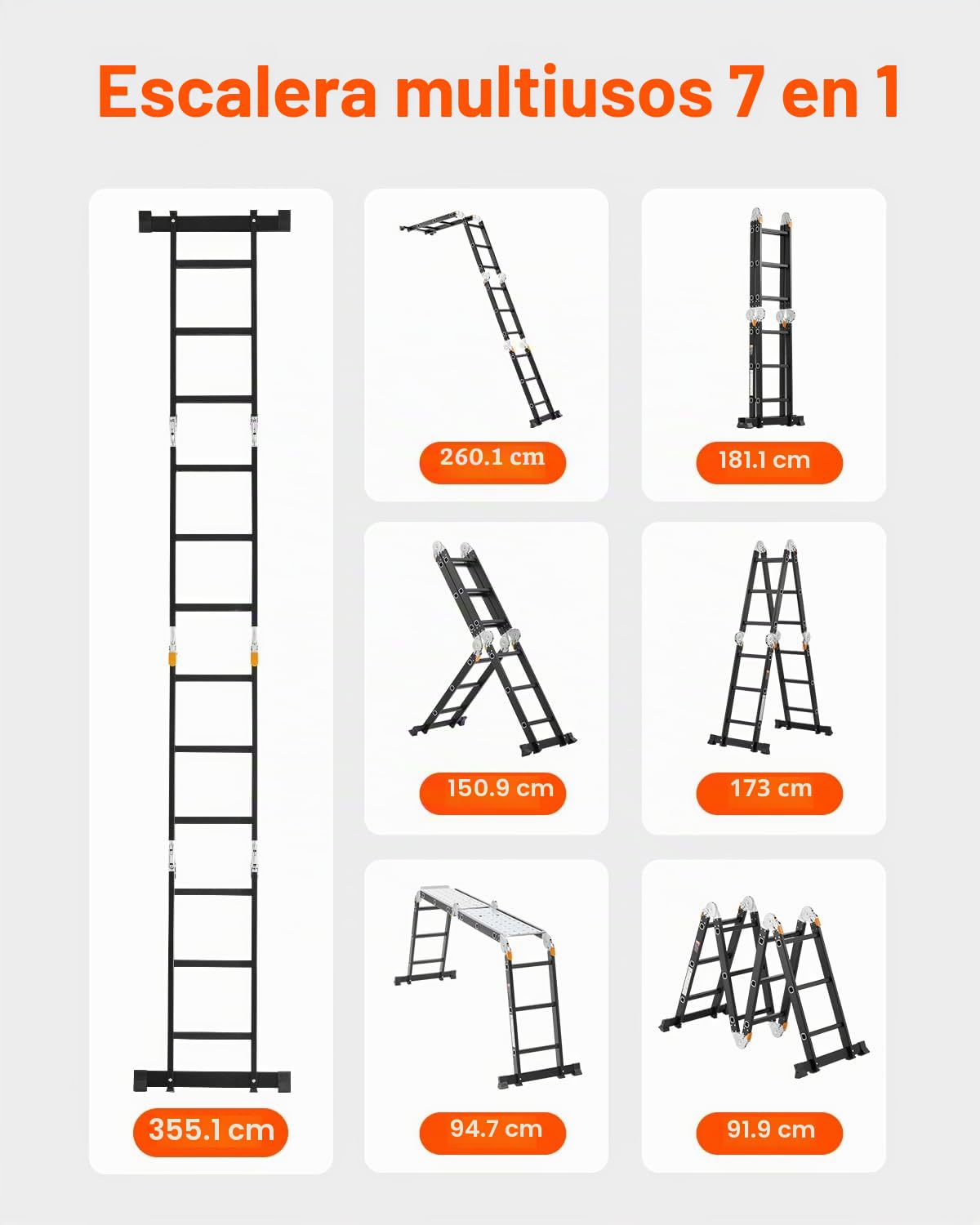 VEVOR Escalera Plegable Multiusos, Escalera Extensible Alta 7 en 1, Estructura en A de 3 Escalones con Tablones de Andamio, Capacidad de 149,7 kg para el Hogar y el Exterior, 1170 x 608 x 1730 mm