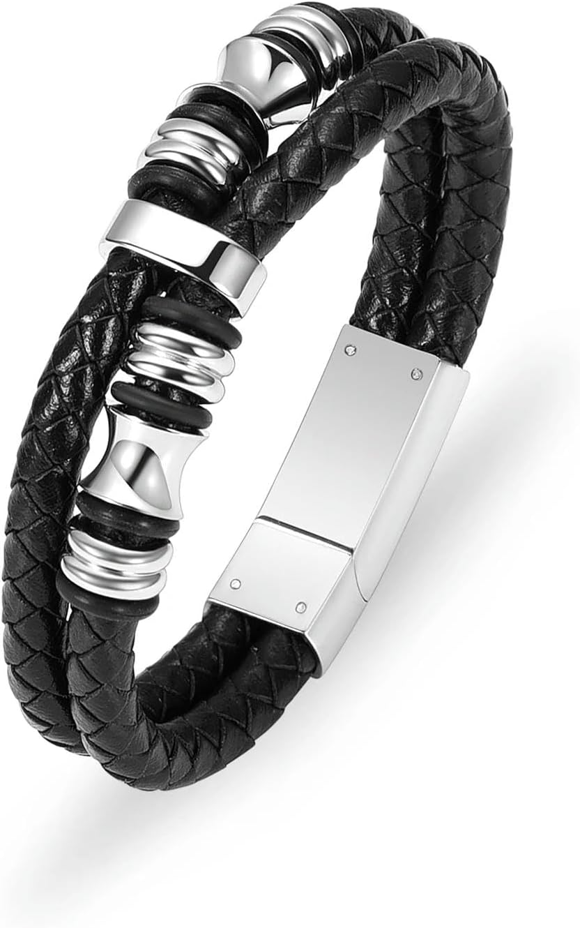 BIAIHQIE Leather Bracelet For Men Charm Stainless Steel Multilayer