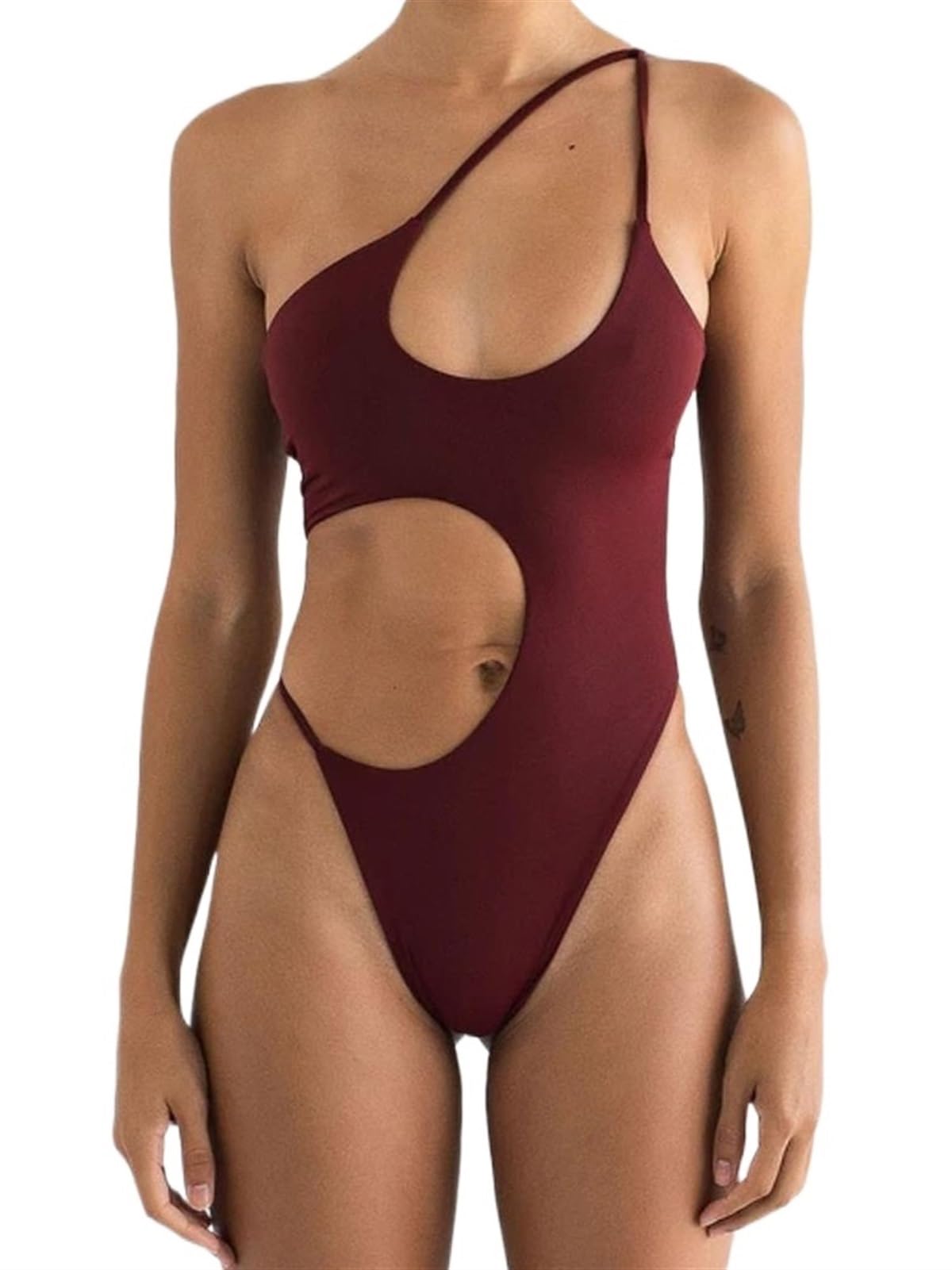 Costume da Bagno Intero Sexy Solido da Donna Costume da Bagno Scava Fuori Costume da Bagno Femminile Monospalla Costume da Bagno Estivo da Spiaggia (Color : Wine Red, Size : M)
