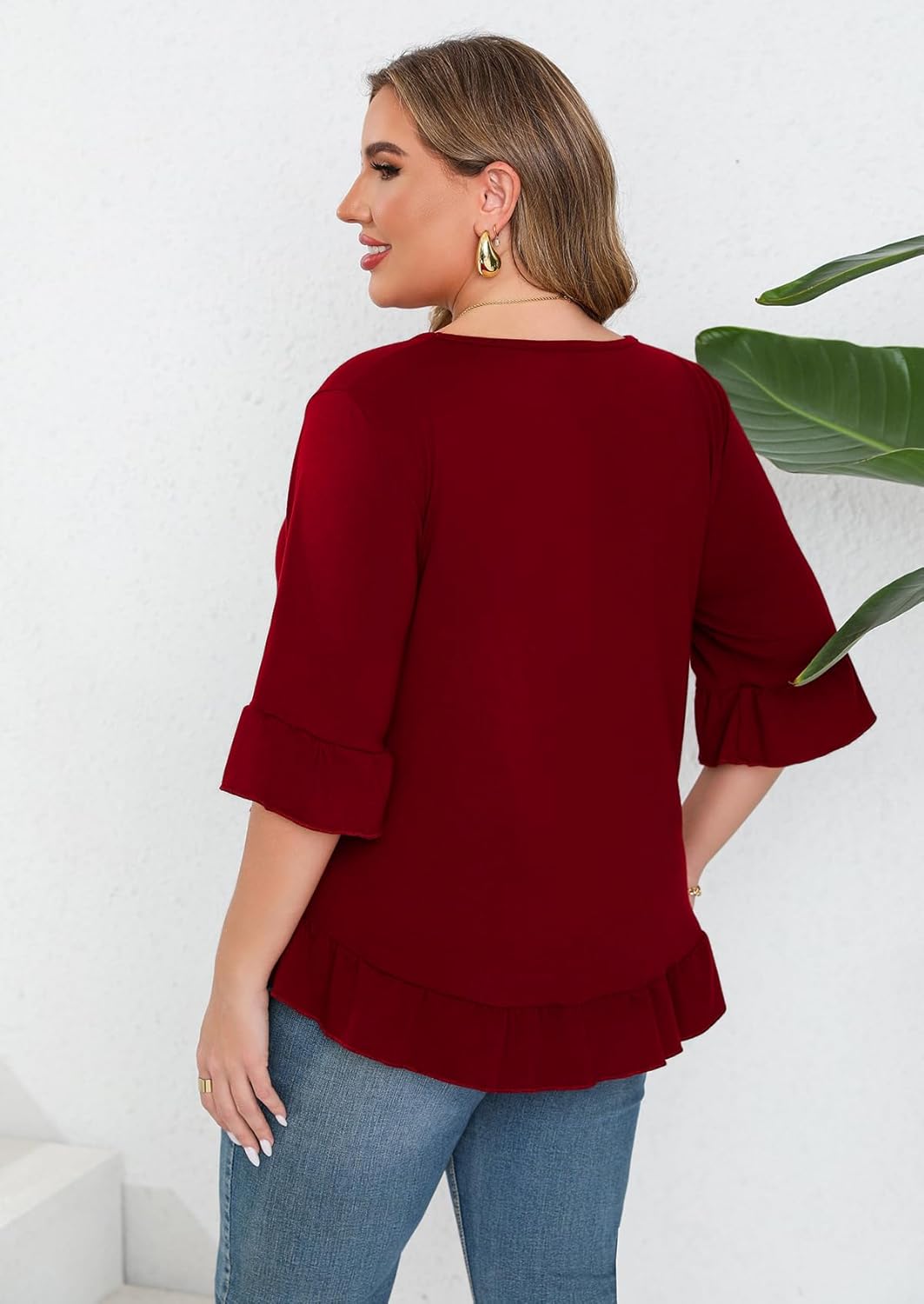 Beauhuty Plus Size Tops for Womens Tunic Ruffled Hem Crew Neck T-Shirts Casual Flowy Blouses 3/4 Ruffle Sleeve - Image 5