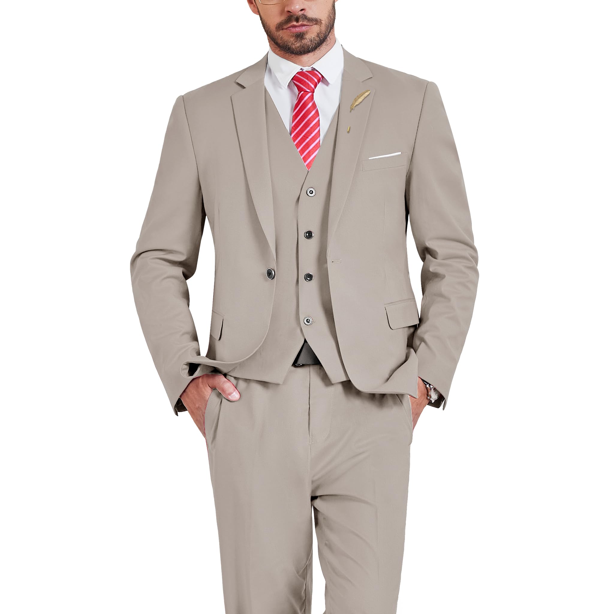 MrSure Men’s 3 Piece Suit Blazer, Slim Fit Tux with One Button, Jacket Vest Pants & Tie Set for Party, Wedding and Business