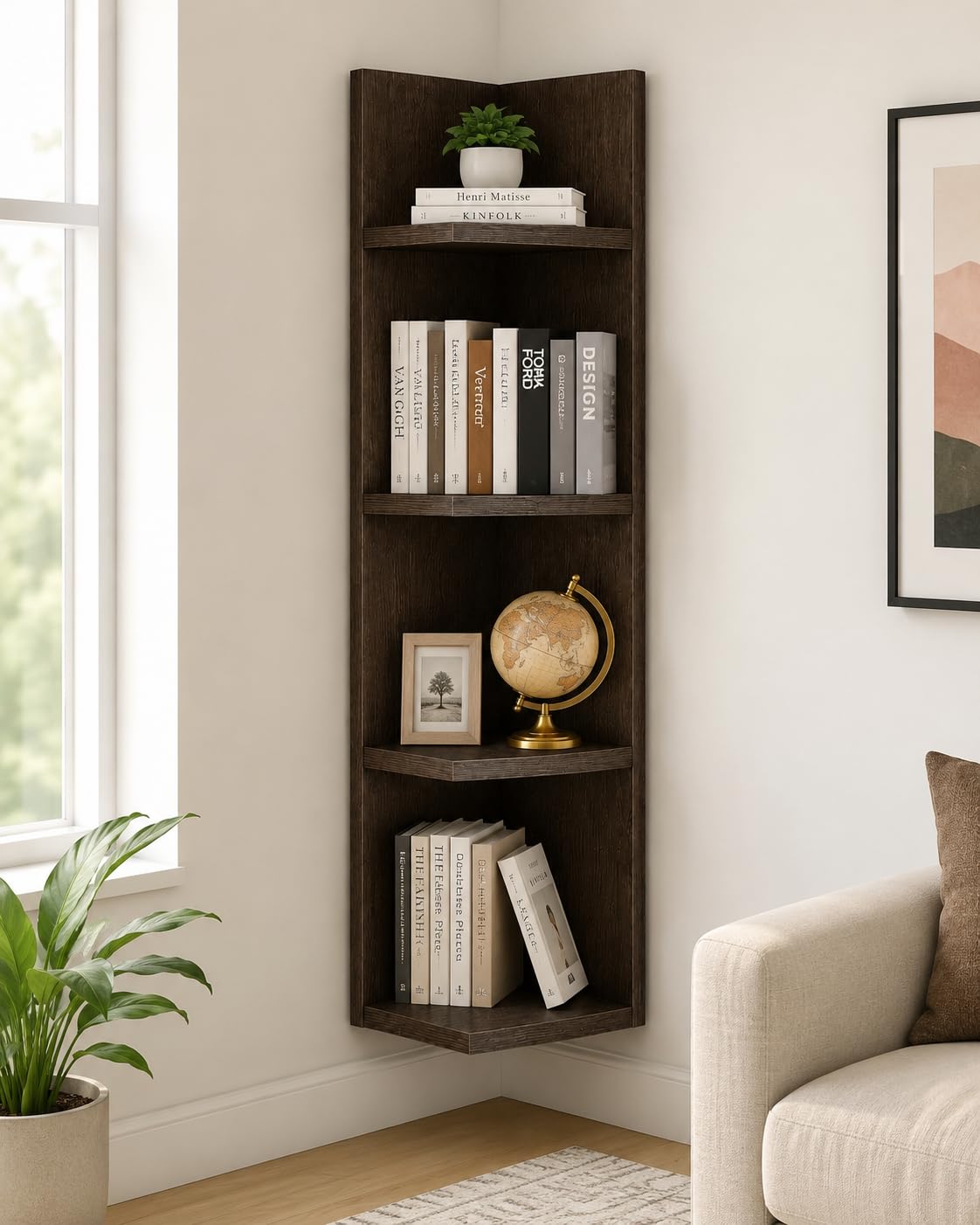 DAS Jaime Engineered Wood 5 Tier Corner Bookshelf | Wall Mounted Corner Shelf for Living Room, Bedroom & Office | Space Saving Corner Book Rack | Display Storage Shelf | Classic Walnut Finish-image-42
