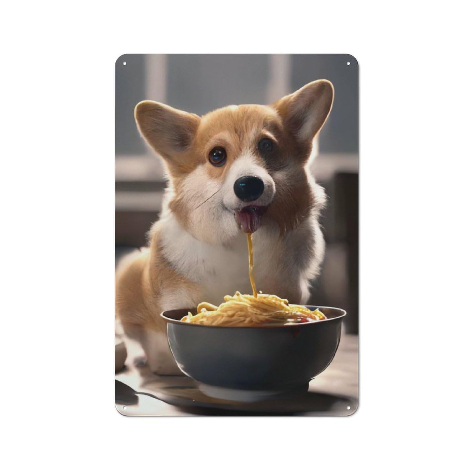 Corgi Dog Eating Ramen Clean Industrial Metal Wall Decor 30x20cm, Industrial Metal Sign for Workspace, Cafe, Hallway Or Garage