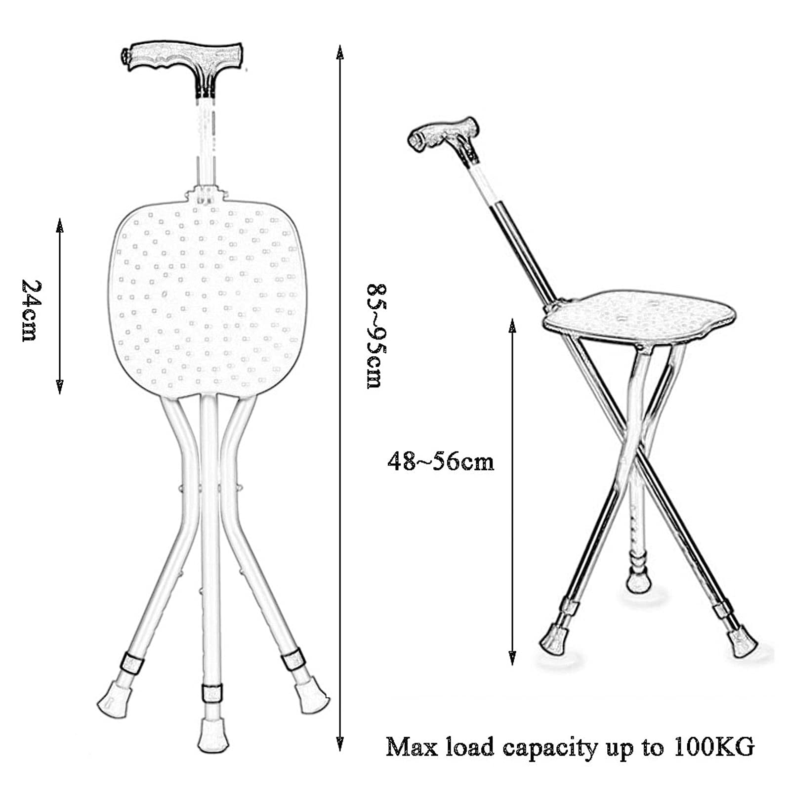 Bastón de bastón con asiento de silla, plegable, aluminio, altura ajustable, ayuda médica para discapacidad Bañones de asiento plegables, bastones para flexibilidad y duradera, base antideslizante
