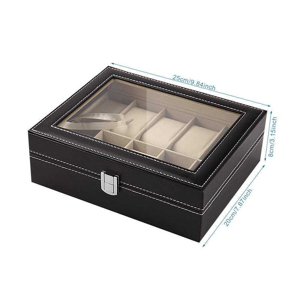 Ejoyous Caja de almacenamiento de 10 rejillas, caja de reloj para 10 relojes, funda de piel sintética con tapa de cristal y cojín para reloj, para hombre y mujer, decoración, coleccionar y regalar