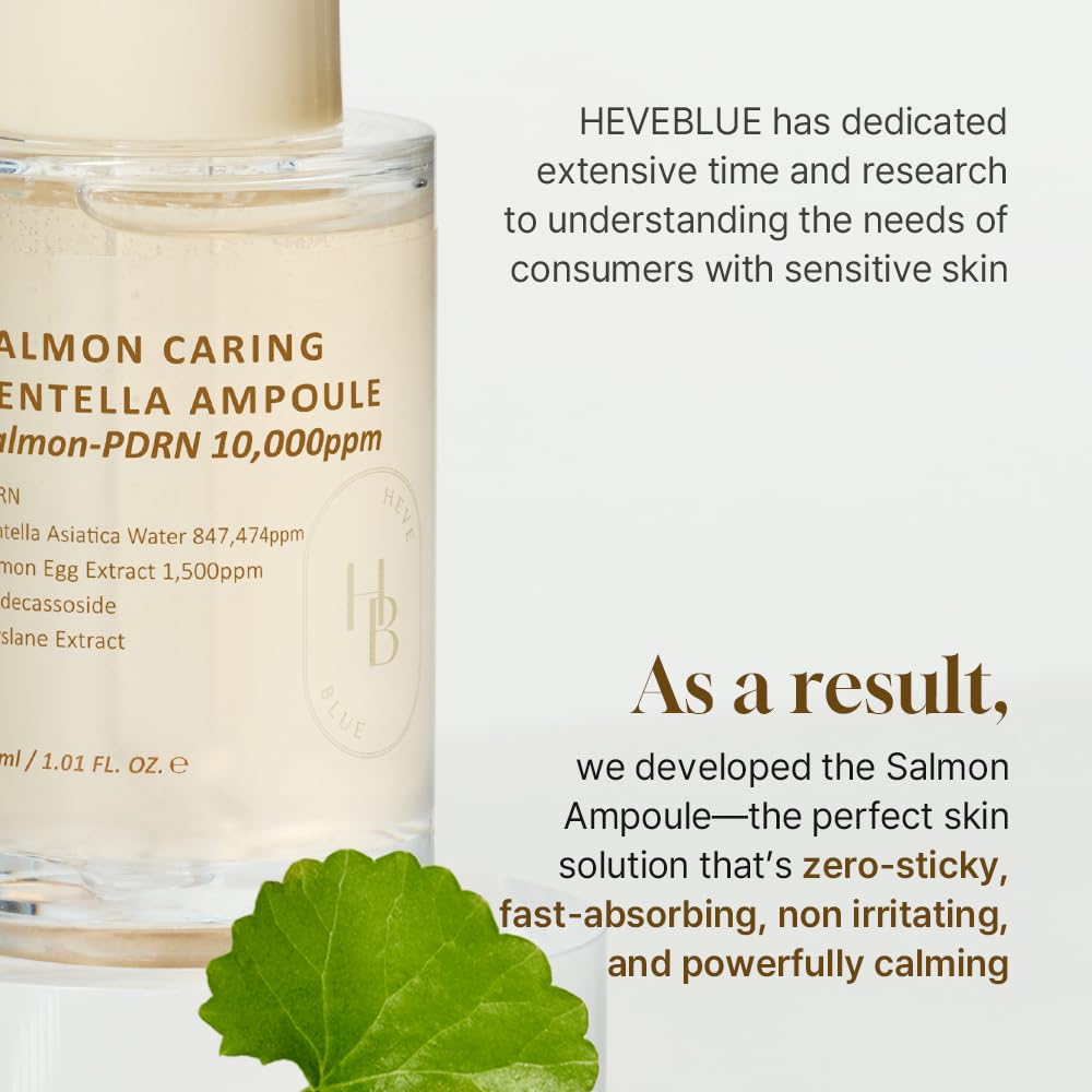 HEVEBLUE Salmon Caring Centella Ampoule - Salmon PDRN, Salmon Egg Extract, Centella, Madecassoside, Calming, Soothing, Restore and Rejuvenate, Sensitive Skin, Korean Skincare