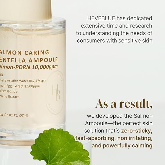 HEVEBLUE Salmon Caring Centella Ampoule - Salmon PDRN, Salmon Egg Extract, Centella, Madecassoside, Calming, Soothing, Restore and Rejuvenate, Sensitive Skin, Korean Skincare