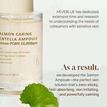 HEVEBLUE Salmon Caring Centella Ampoule - Salmon PDRN, Salmon Egg Extract, Centella, Madecassoside, Calming, Soothing, Restore and Rejuvenate, Sensitive Skin, Korean Skincare