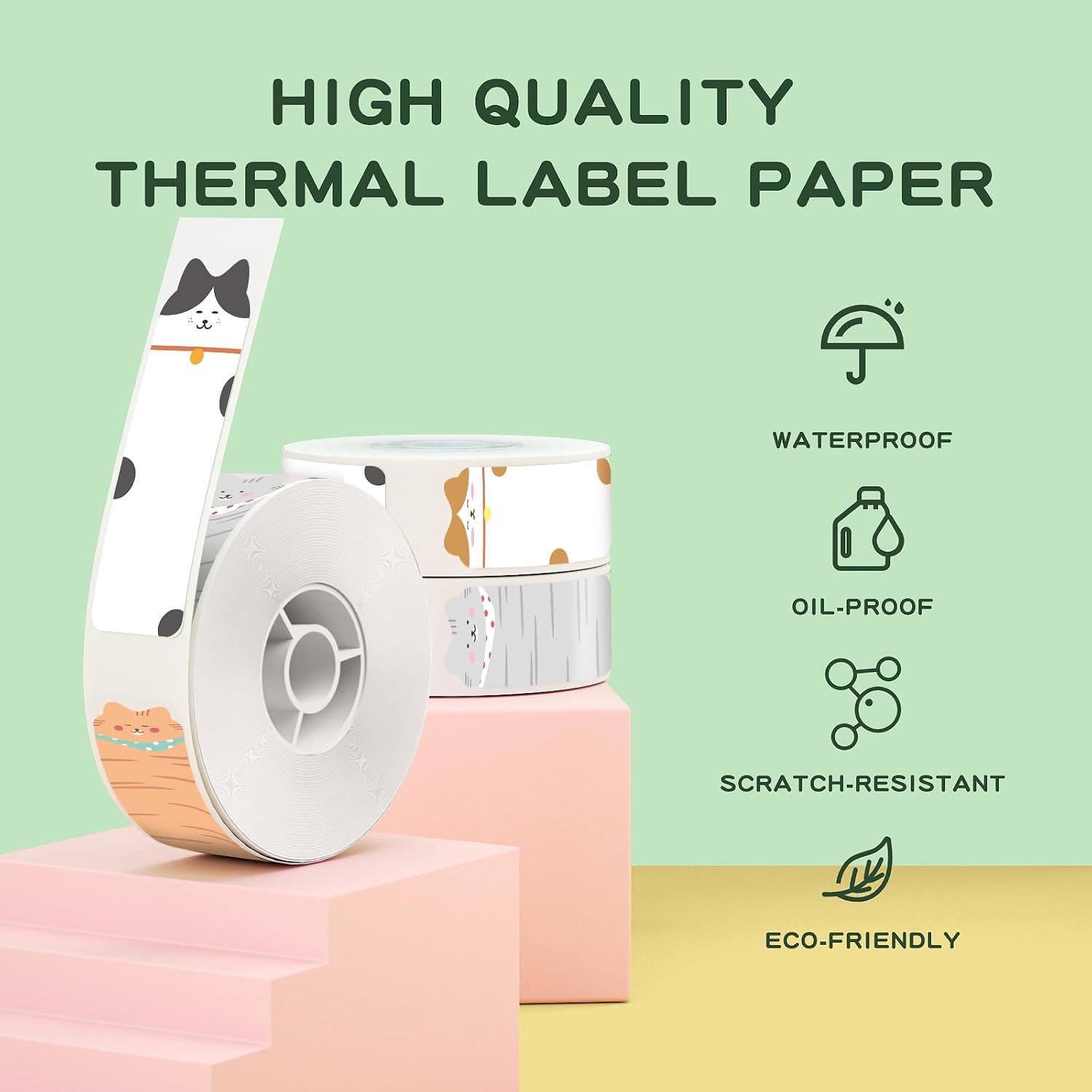 NIIMBOT D11 Label Maker Tape 3 Rolls Adhesive Cute Cat Label Paper 0.47" X 1.57" (12 X 40mm) 160 Labels/Roll, Compatible for NIIMBOT D11 D110 Label Printer, 3-Roll