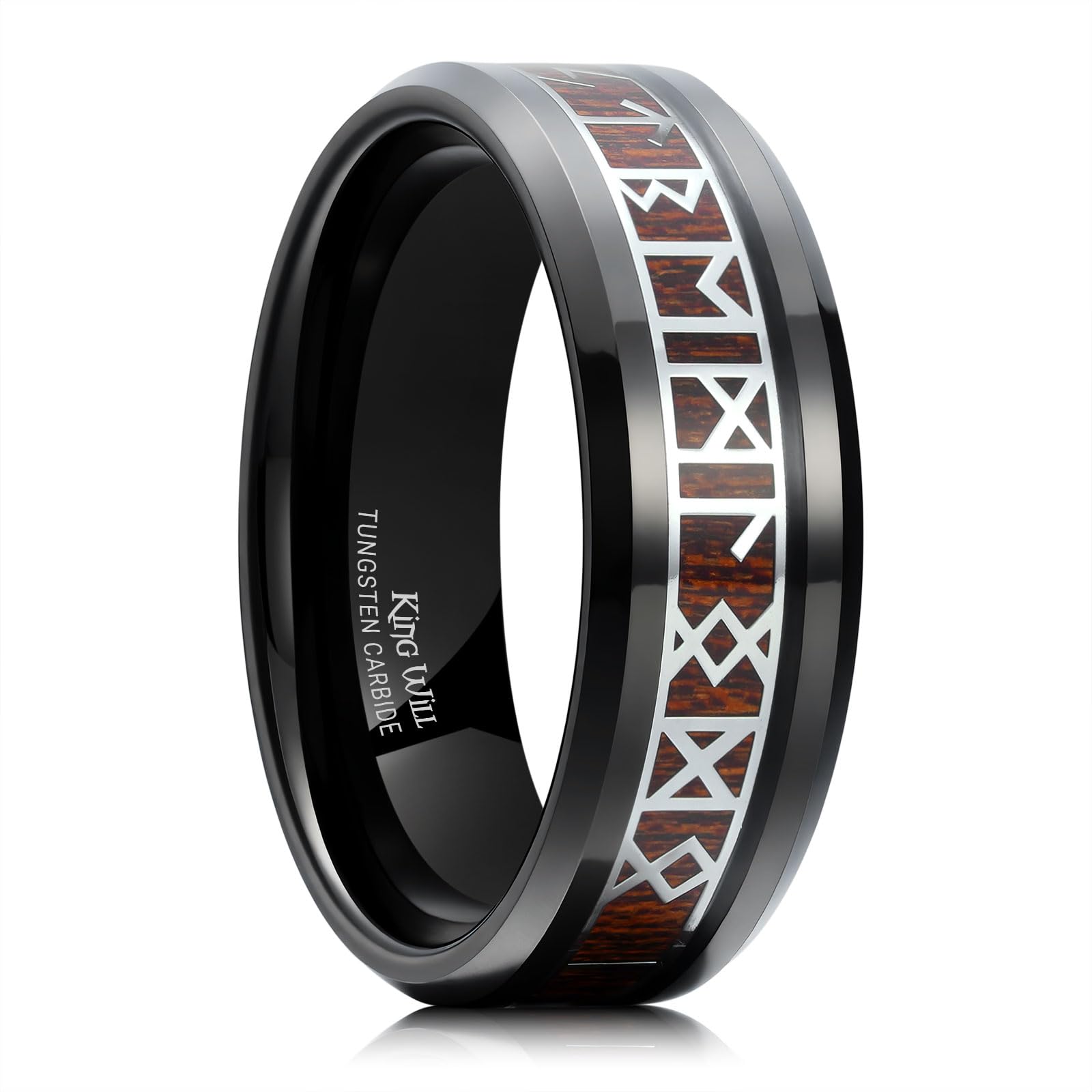 King Will Tungsten Carbide Wedding Band for Men - 8mm Black/Silver/Gold Inlay with Norse Viking Rune & Hawaii Koa Wood Mens Ring, High Polished