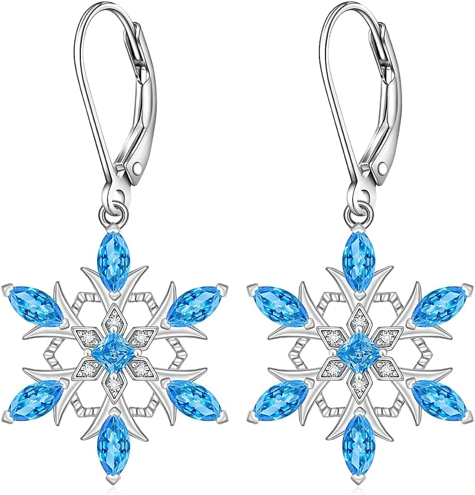 Snowflake Earrings for Women Sterling Silver Christmas Earrings Leverback Dangle Blue Snowflakes Jewelry Snow Holiday
