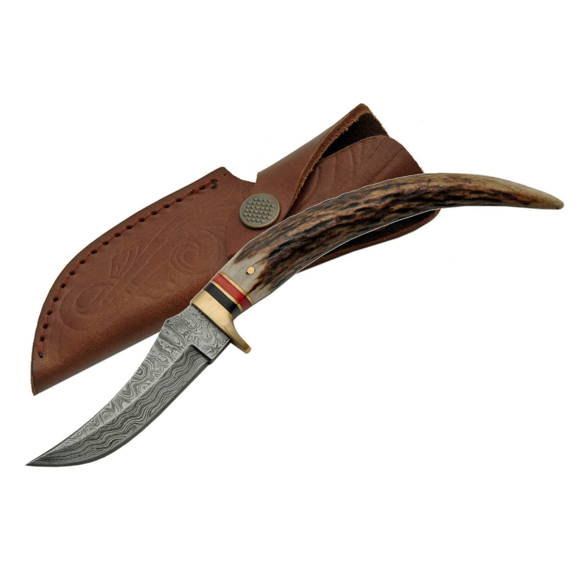 SANZ Damascus Tip Slim Hunting Knife 8 Inch - Camping Knife with Stag Handle, Blade & Sheath - Outdoor Knife for Hunting, Camping & Outdoor uses - Knives for Men