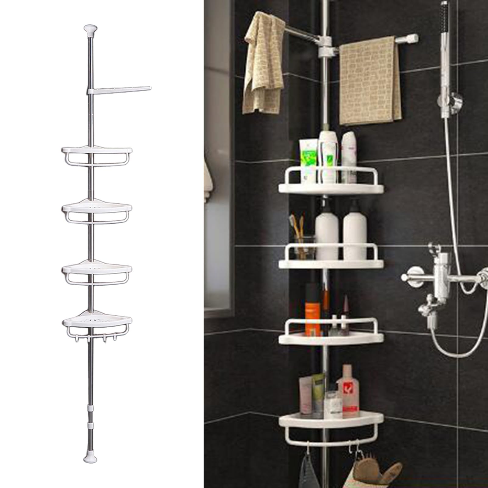 Walbest Corner Shower Caddy Tension Pole 4 Tie Bathtub Storage Organizer for Shampoo Accessories Stainless Steel Shower Organizer