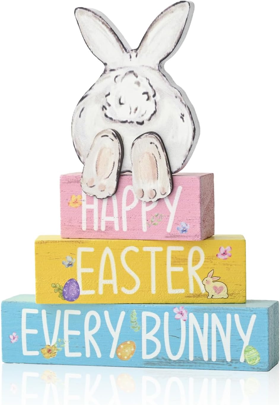 Smile Happy Easter Every Bunny Wooden Block Stack Decor, 3-Tiered Pastel Blocks with Bunny Silhouette for Spring & Easter Tabletop Display