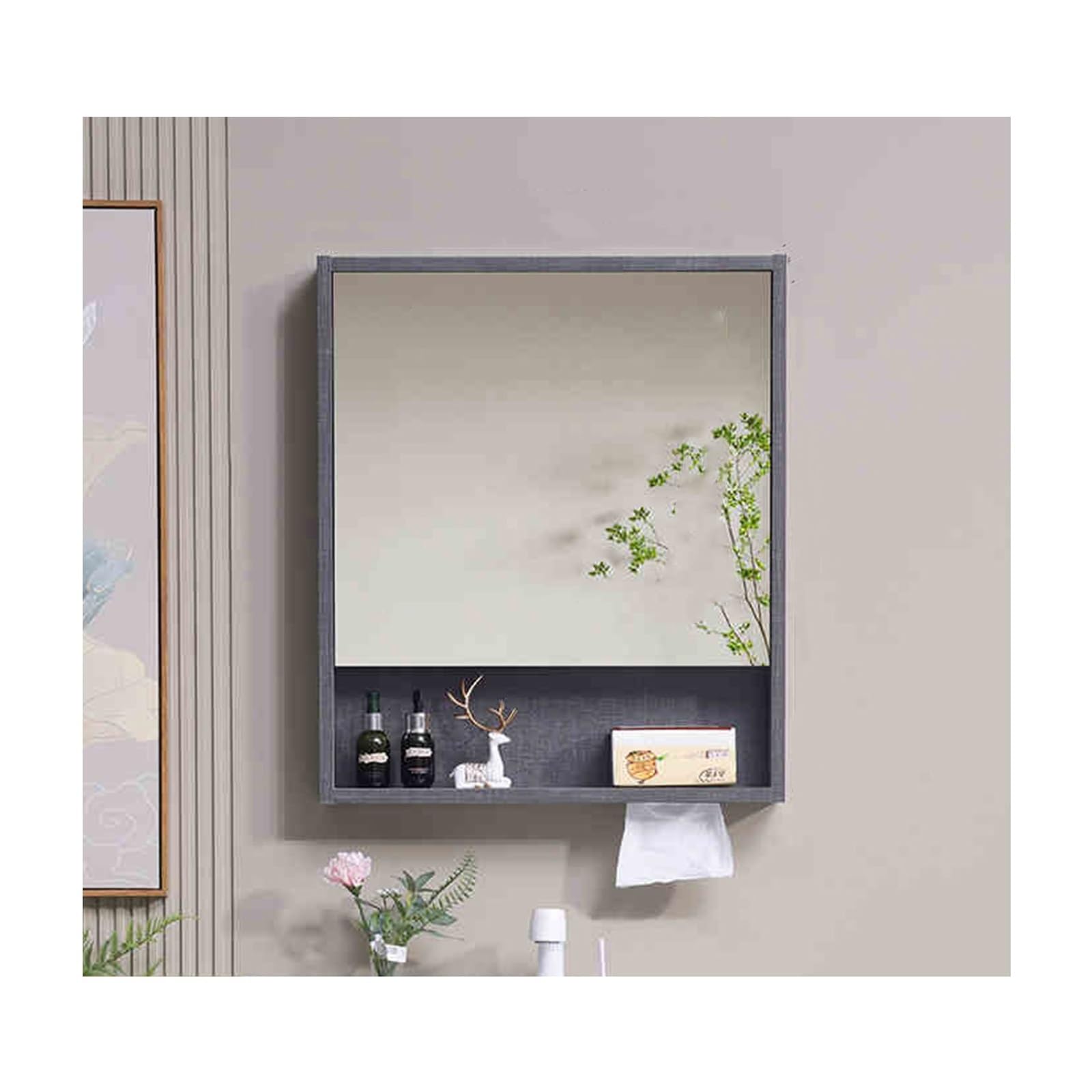 BKSXSOP Wall-Mounted Bathroom Mirror Cabinet - Double Door Vanity Storage with Shelf, Stylish Gray Finish, Space-Saving Design, 60cm/23.6in for nized Bath Spaces