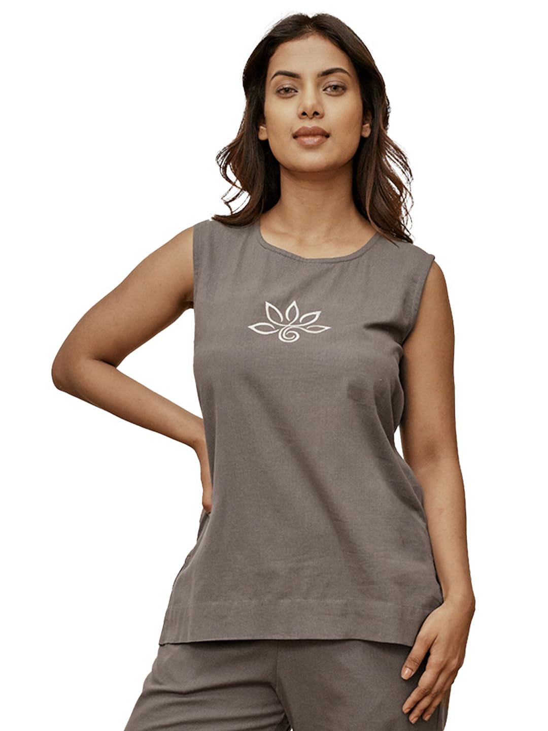 VASTRAMAY Top da yoga senza maniche in lino cotone con ricamo etnico e dettaglio cintura