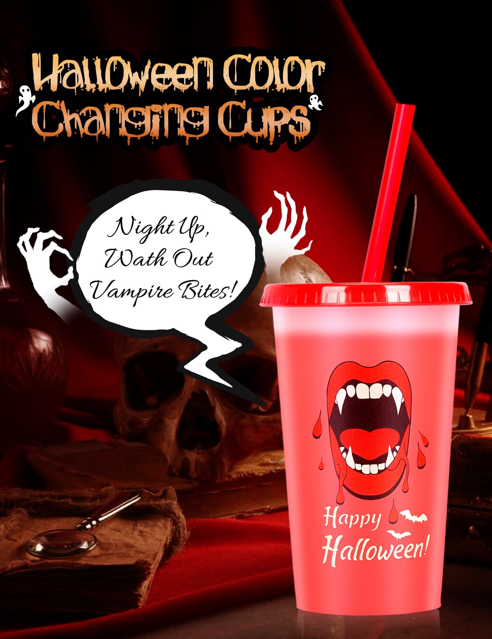 Lot De 6 Gobelets Halloween à Changement De Couleur - 355 Ml Avec Pailles Et Couvercles