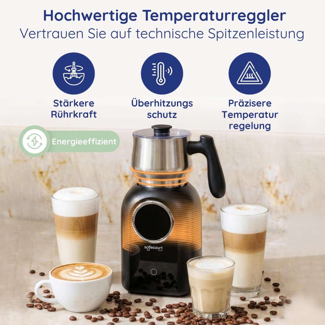 Safecourt Milchaufschäumer Elektrisch Spülmaschinenfest – [Abnehmbarer 400 ml Edelstahlbehälter] – Elektrischer Milchaufschäumer Induktion – [4 Modi & Temperaturdisplay] – Milchaufschäumer - Schwarz