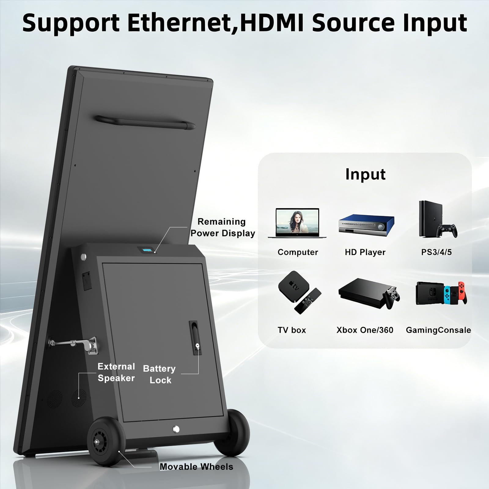 Écran Publicitaire Extérieurs 43 Pouces, Haute Luminosité 2000 Nits LCD Écran d'Affichage NuméRique, Étanche IP65, Batterie Rechargeable avec 10h d'Autonomie, pour les Food Trucks, Restaurants
