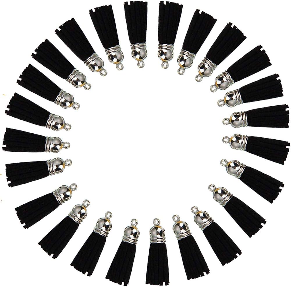 Keychain Tassels Leather Tassel Pendants with Silver White Caps,Tassel Charm for Jewelry Making Keychain Bracelets Ring Crafts -30pcs(1-1/2 inch,Blue) (Black)