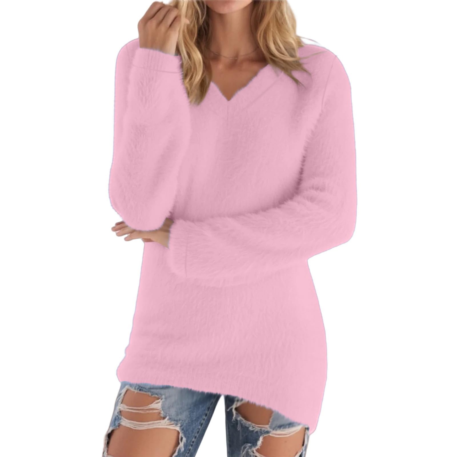 Sweaters for Women V Neck Long Sleeve Casual Soft Fuzzy Basic Pullover Tops Fleece Fall Fashion Winter Outfits