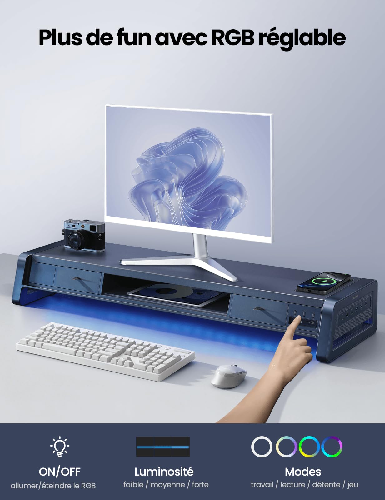 VAYDEER Support double moniteur avec 8 ports USB 3.0, support de transfert de données pour 2 moniteurs, support en métal pour PC, ordinateur portable, jusqu'à 32 pouces, noir
