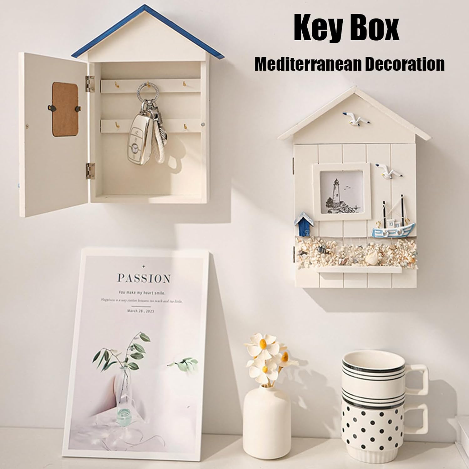 Key Holder Wall Mount Mediterranean Style Key Cabinet Holder Home Decor Small White Key Holder Box Farmhouse Wall DéCor Premium Cabinet Key Holder with 6-Hooks,A1