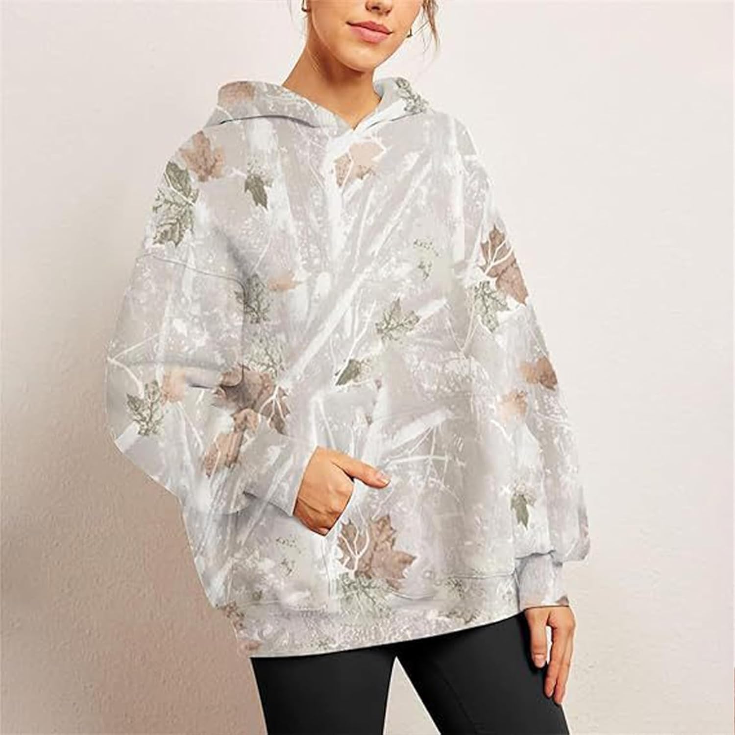 Womens Camo Hoodie Maple Leaf Print Oversized Hooded Pullover Long Sleeve Fleece Camo Sweatshirt Sweater with Pocket (1,X-Large) - Image 2