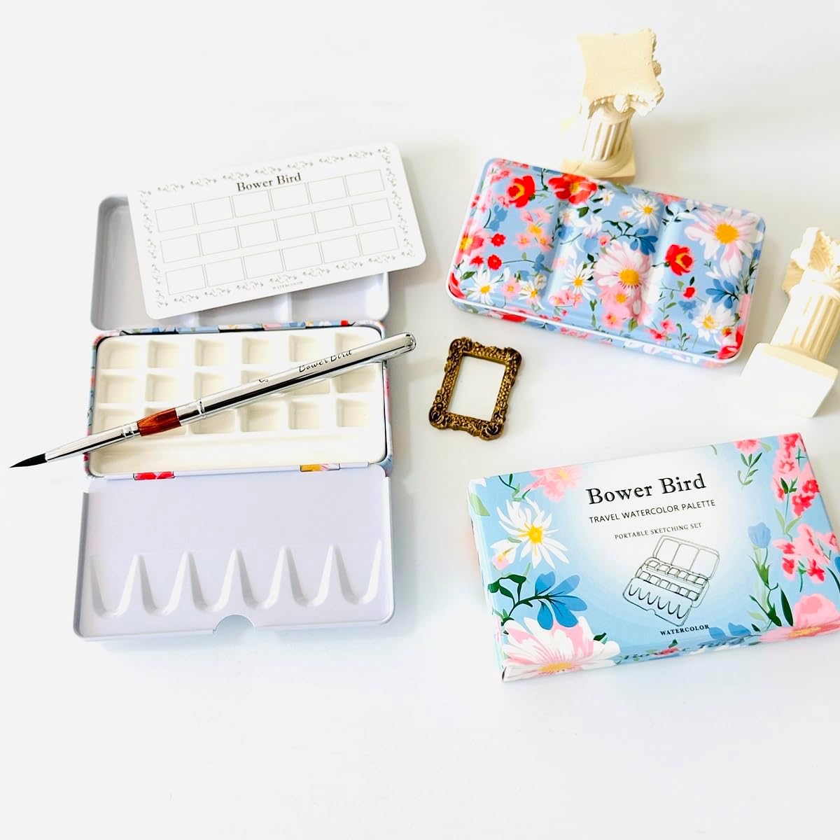 Bower Bird Travel Watercolor Palette,Portable Ceramic Palette 16 Well,Empty Paint Palette,Small Travel Metal Paint Boxwith Porcelain Palette (18Well Set)