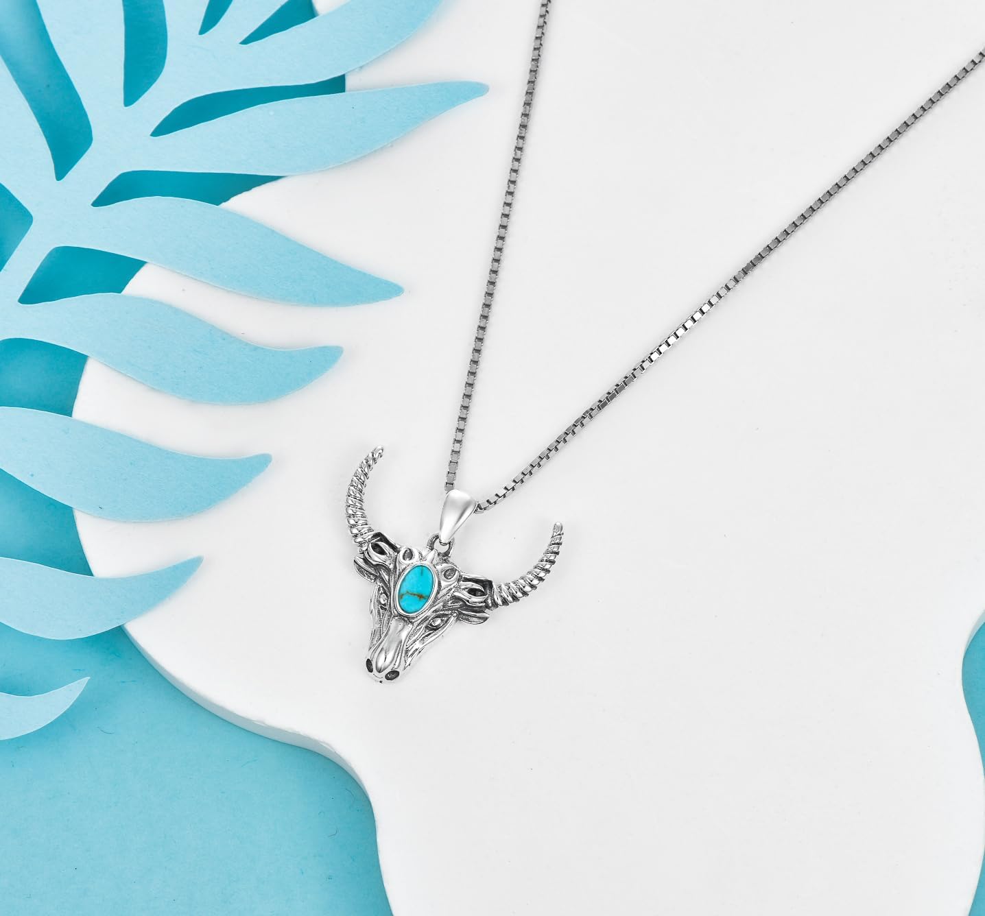 Genuine Bull Head Turquoise Pendant Necklace, Sterling Silver Native Western Boho Native Jewelry December Birthstone Birthdays Gift, 18''+2'' - Image 7