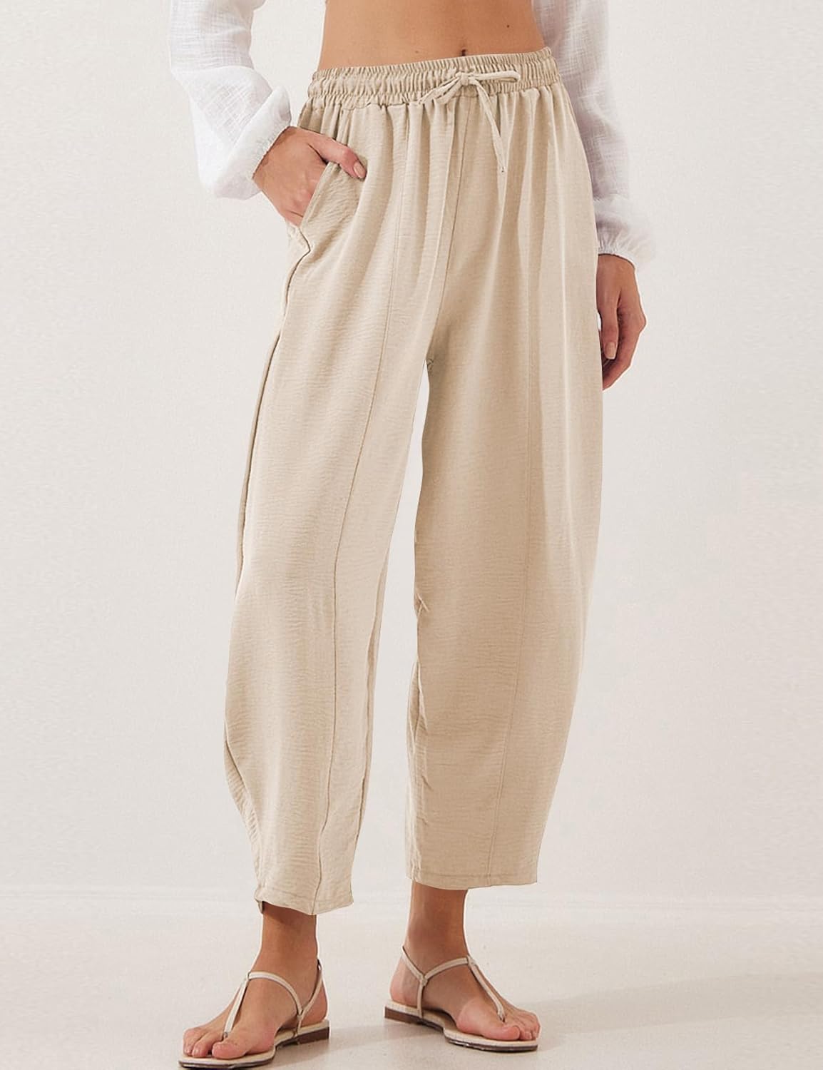 COZYPOIN Womens Baggy Wide Leg Pants Drawstring Elastic Waisted Casual Palazzo Harem Slacks Lounge Trousers with Pockets(Apricot-L) - Image 4