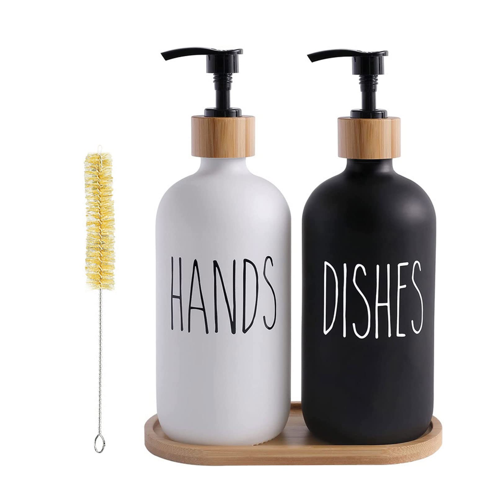 mumisuto Glass Soap Dispenser Set, Contains Hand Soap and Dish Soap Dispenser, Kitchen Soap Dispenser Set with Tray and Brush for Farmhouse Kitchen Bathroom Counter Decor (Black & White)