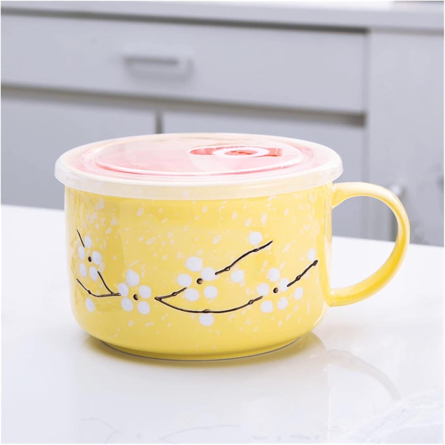 Ceramic Instant Noodle Bowl with Lid Household Microwave Soup Dormitory Rice Large Tableware(Black)