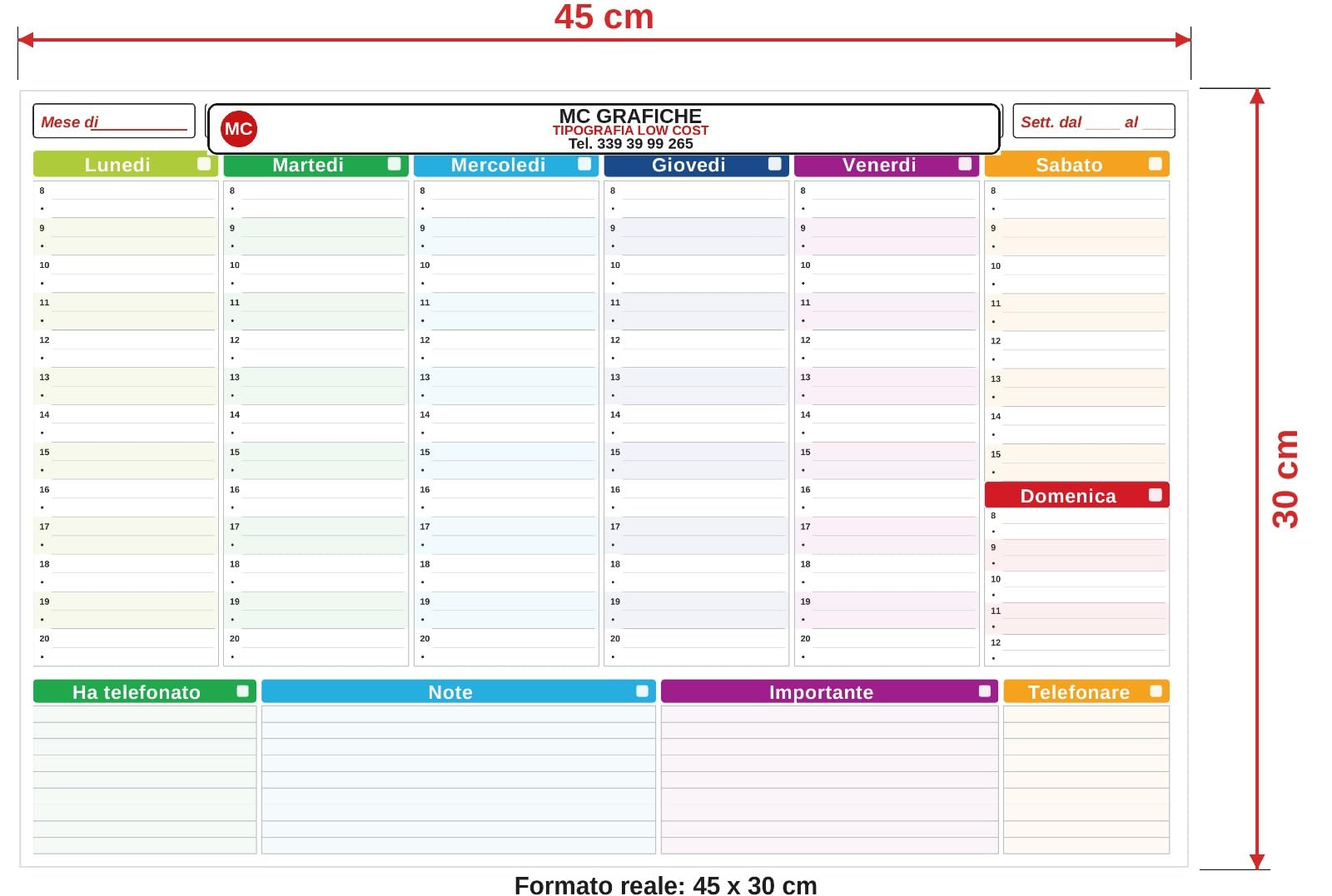 Planner Settimanale Personalizzabile con Logo – 20 Blocchi da 52 Fogli – Planning da Scrivania e Sottomano da Banco 47 x 32 cm – Carta Usomano 100 g – Made in Italy