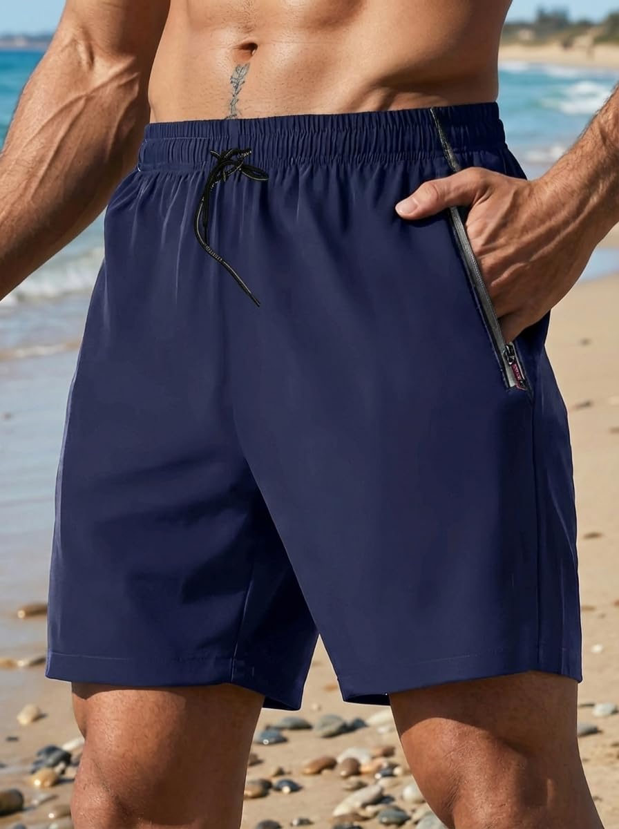 Pantalones cortos deportivos para correr para hombre con 2 bolsillos con cremallera, cintura elástica con cordón para entrenamiento — view 4