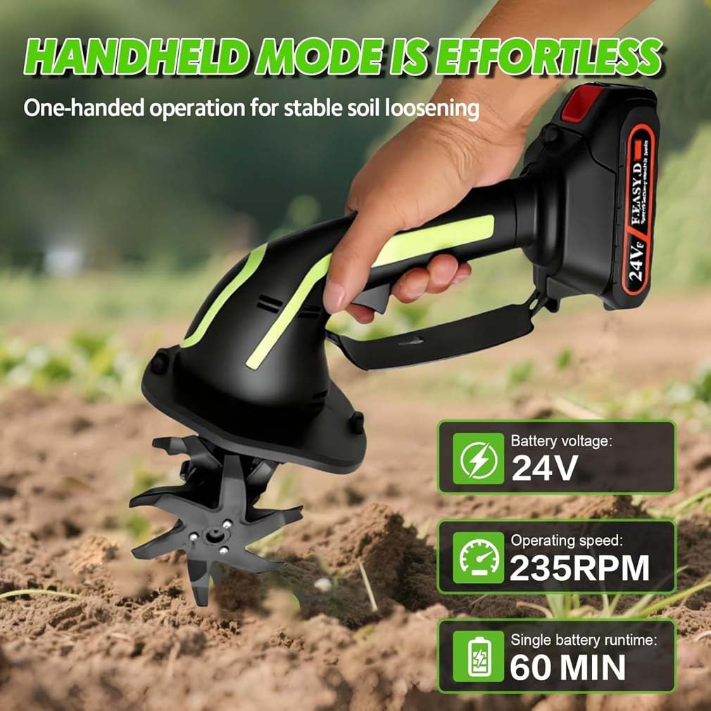 2-in-1 Cordless Tiller & Cultivator with Extension Pol, Gartenfräse, 24V Bodenhacke Elektrisch, Sternfräse Gartenfräse Akku Garten Geräte mit 4 Metallmesser 10cm Arbeitsbreite 10cm for Lawns (B)
