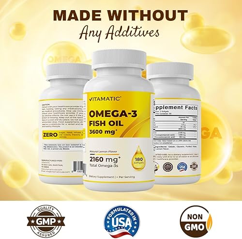 Miniatura 5 de Vitamatic Aceite de pescado Omega 3 de triple fuerza, 3600 mg por porción, 2160 mg de ácidos grasos Omega 3, 1296 mg de EPA + 864 mg de DHA, sabor a